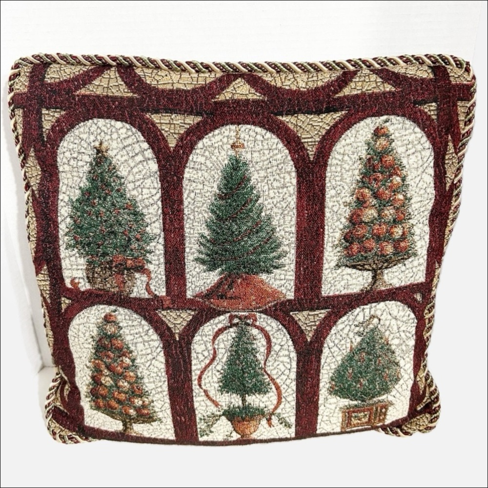 Unbranded Vintage Various Christmas Tree Design Tapestry Holiday Pillow CordTrim